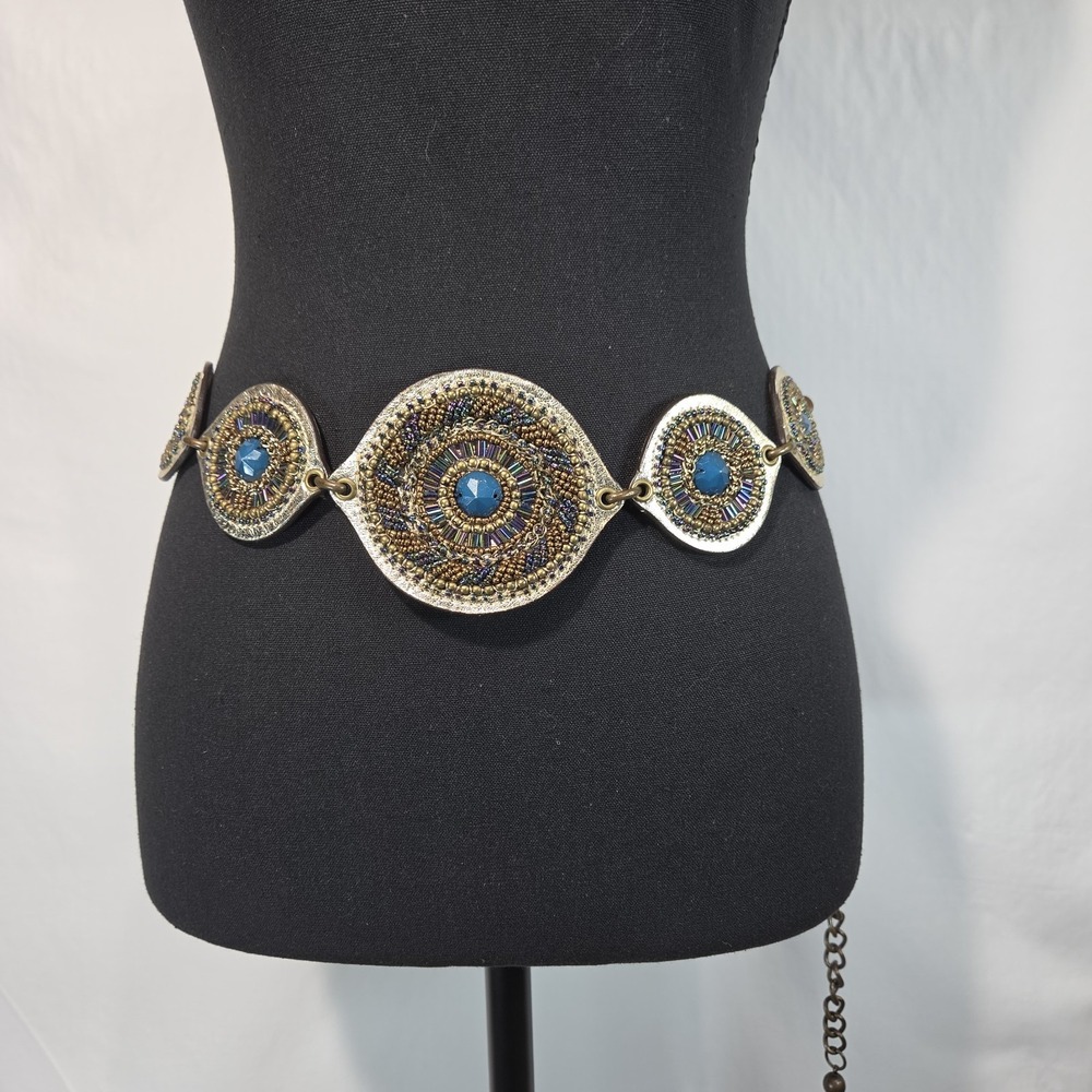 Chico's Boho Beaded Medallion Belt Turquoise Blue Antiqued Brass Chain Up To 38"